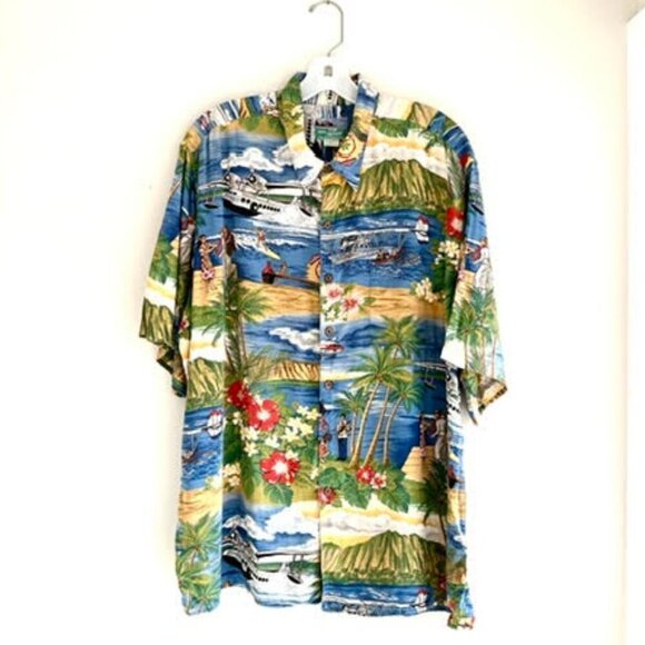 Vintage Reyn Spooner Hawaiian Print Luau Airplane Shirt Button Down Short Sleeve - Picture 1 of 8